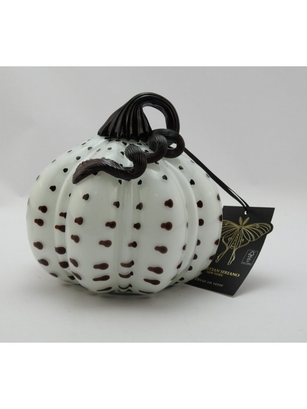 Christian Siriano Hand Blown Glass Pumpkin White Black Spotted Fall Decor 6 In